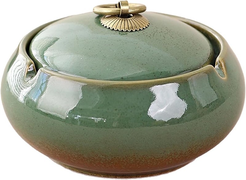 منفضة سجائر خضراء خزفية بغطاء مقاوم للرياح وحاملة رماد محمولة لتزيين الداخل والخارج والمنزل والمكتب والفسحة - Image 1